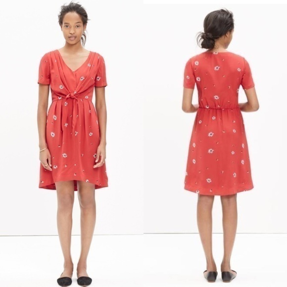 Madewell Red Tie-front Silk floral casual dress